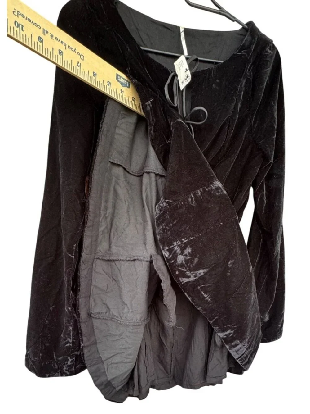 Free People Linney Velvet Mini Dress 12 Black Tie Lace Up Long Bell Sleeve Boho
